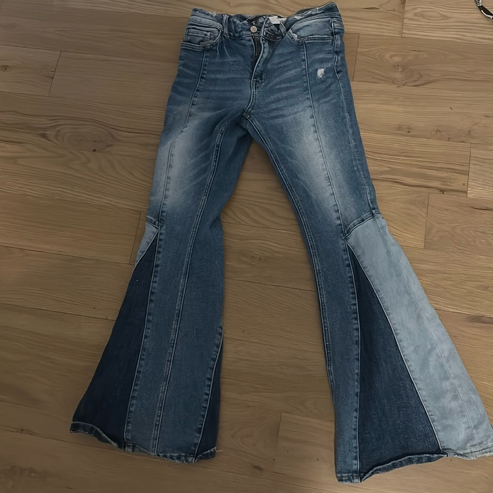 bridge by gly high rise super flare jeans, multi wash, size 29, inseam 32